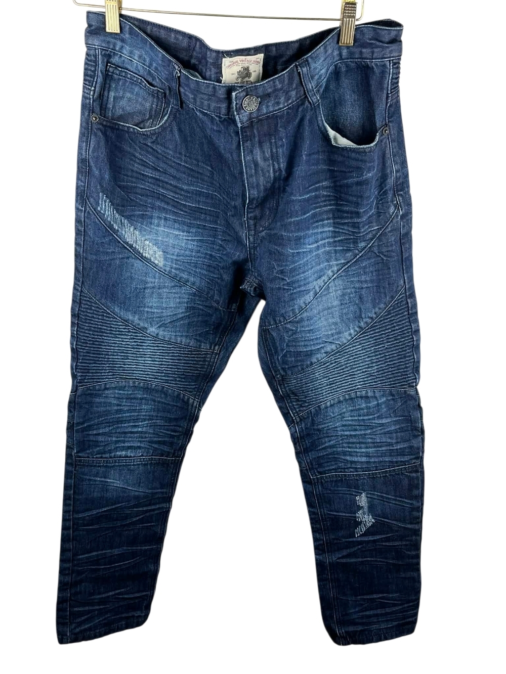 Smoke Rise Men's Blue Distressed Moto Biker Jeans – Slim Fit 36x32. #267